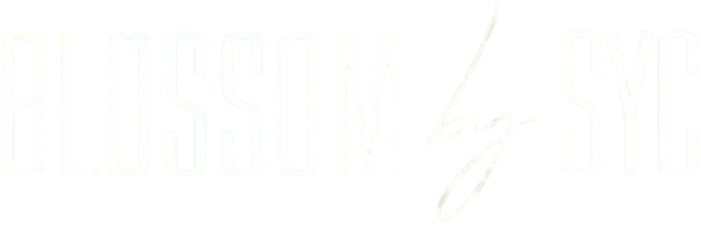 Brand logo reading BLOSSOM by SYC, with tall sans-serif lettering and a script 'by' in between
