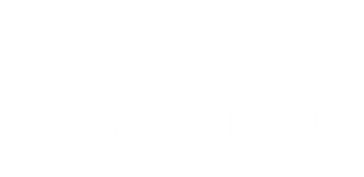 Blue Island Oyster Bar and Seafood logo with bold lettering, stylized waves, and a nautical crest above the text.