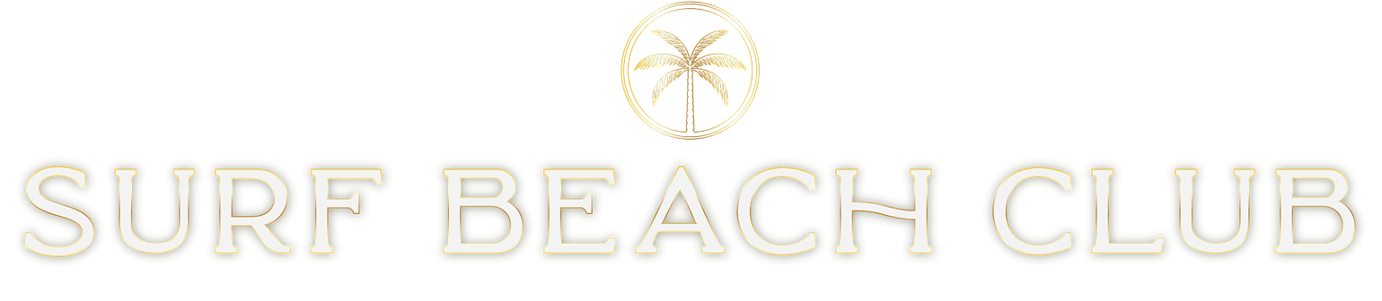 Brand banner for Surf Beach Club with a palm tree logo above bold beige-styled lettering on a black background.